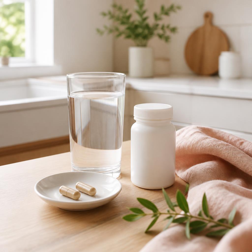 Morning kitchen scene with two capsules on a small dish, a glass of water and a plain supplement bottle