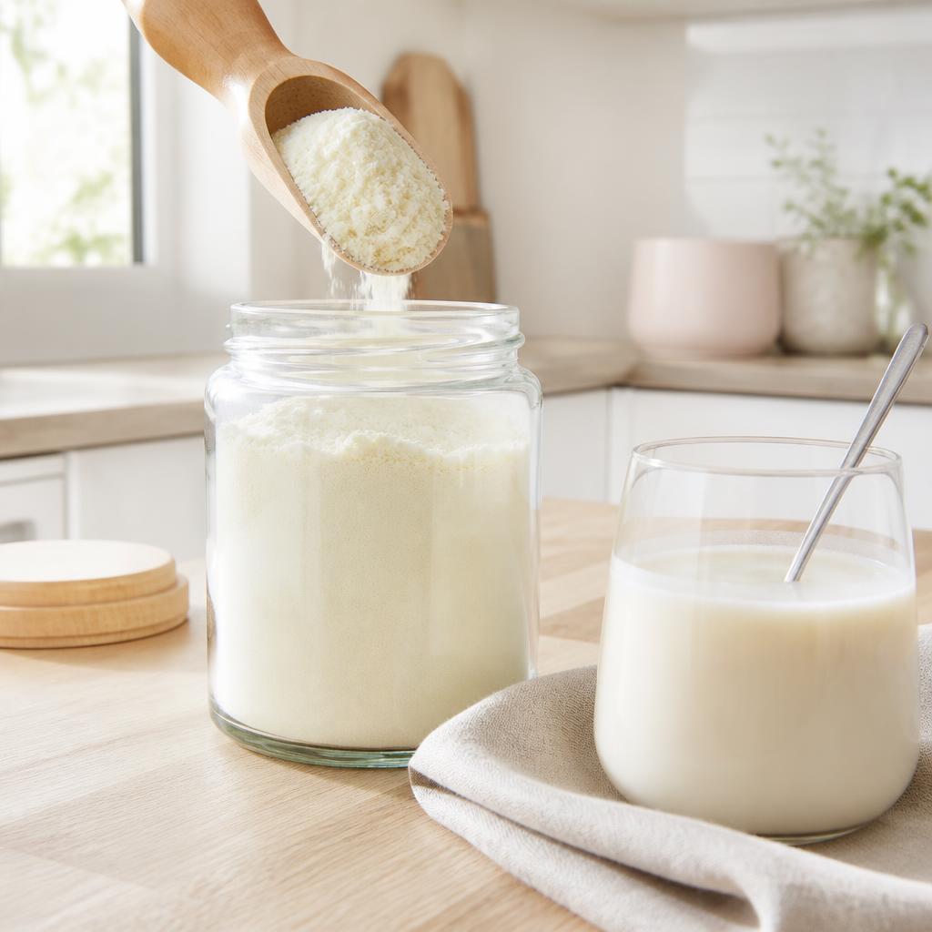 Morning kitchen scene with a glass jar of powder, a wooden scoop and a glass being stirred